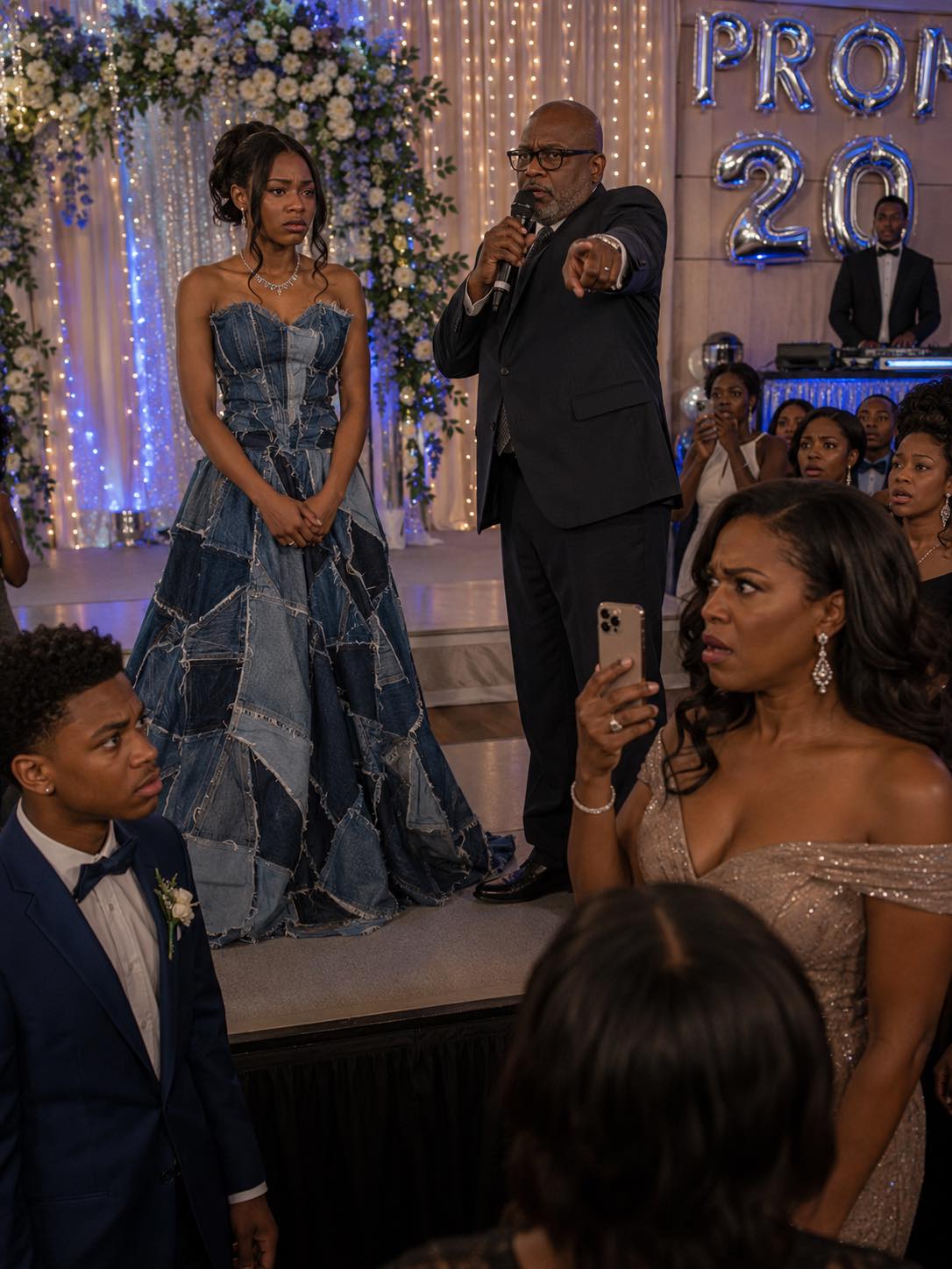 MY STEPMOM LAUGHED AT THE PROM DRESS WHICH MY LITTLE BROTHER MADE FROM OUR LATE MOM’S OLD JEANS. But the moment I stepped onto that stage… the principal stopped the music, pointed directly at her, and suddenly the entire night changed.