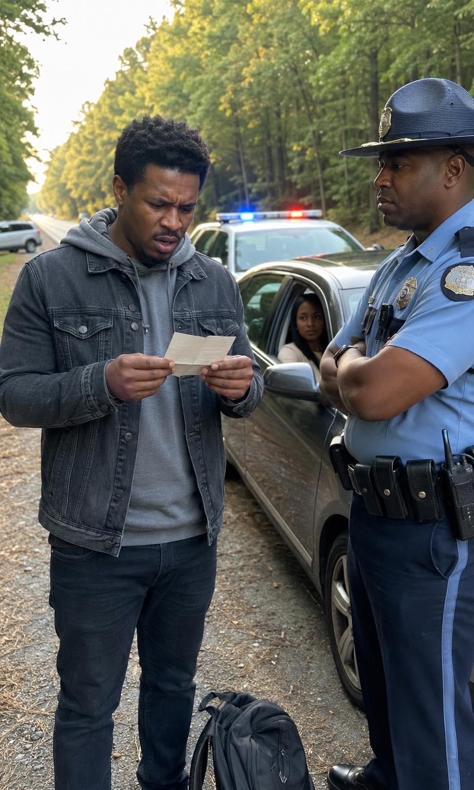 My wife got pulled over for speeding, and after the officer checked her license, he asked me to step out of the car. His face turned serious. “Sir, you need to hear me carefully. Do not go home tonight. Go somewhere safe.” I just stared at him. “What? Why?” He hesitated, then lowered his voice. “I can’t explain it here. But what I found is bad. Very bad.” Then he slipped a note into my hand. When I opened it, my whole world changed.