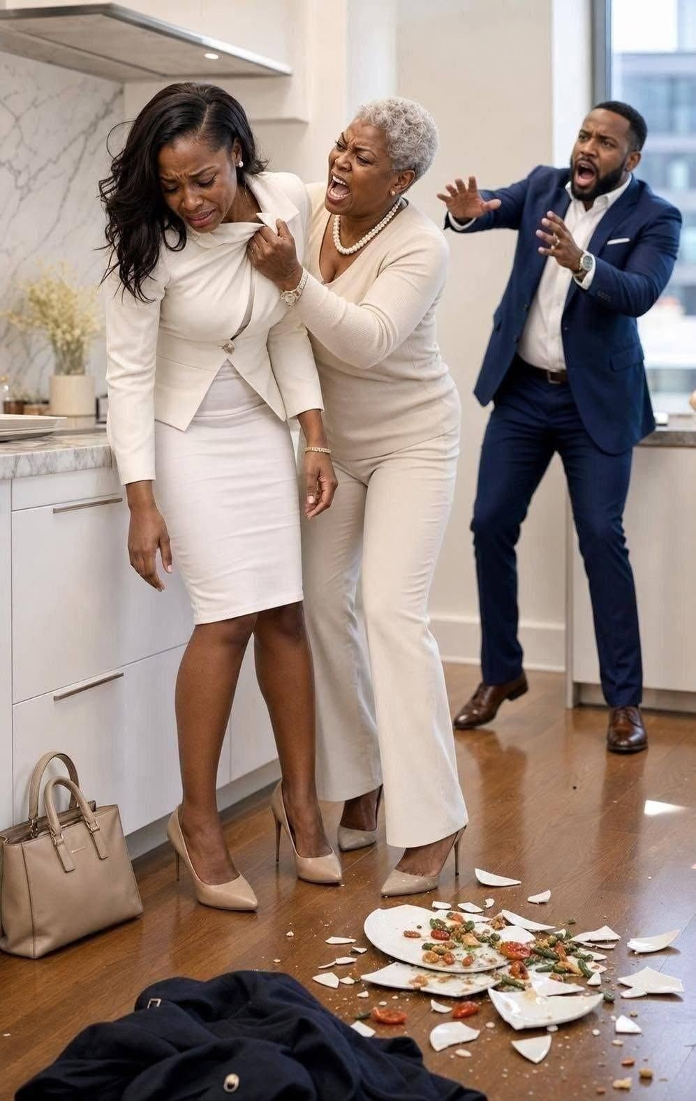 My mother-in-law tore my dress to humiliate me in my own kitchen; the next day, her son lost his job, the house, and the keys.