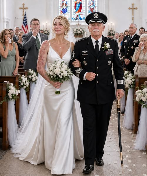 My father caught sight of the scars stretching across my neck and shoulder, took a slow step backward, and said in a hushed voice, “I’m not walking a damaged woman down the aisle.” Only three minutes remained before the wedding procession was set to begin when Richard Vale turned his back on me outside the chapel entrance. In that instant, the voices, the music, and the crowd all disappeared. The only sound left was the faint ringing that had haunted me ever since the explosion in the Arabian Sea. He straightened the silver cuff links on his sleeves before glancing toward the rows of politicians, corporate leaders, and decorated naval officers filling the chapel. “Those wedding photos will be around forever,” he said without emotion. “I won’t spend the rest of my life remembered standing next to… that.” To him, I was no longer Lieutenant Evelyn Vale. I wasn’t the daughter who had once emptied her savings to rescue his failing business. I wasn’t the officer who dragged three sailors through burning steel while flames swallowed the deck. I had become nothing more than an embarrassment. The scars across my skin seemed to sting beneath his judgment, but I refused to cover them. I had survived an inferno, countless surgeries, and months of painful rehabilitation. If I could endure all of that, I could endure my father’s rejection. Behind him, my sister Camille wore a satisfied smile. “Dad’s only thinking about the family’s reputation,” she said softly. “You really should have worn a dress with a higher neckline.” “I’m already wearing my wedding dress.” “Then delay the ceremony.” My fiancé, Daniel Mercer, took an angry step forward, but I gently caught his wrist before he could speak. “Not now,” I whispered. Mistaking my composure for surrender, Richard leaned closer. “If I refuse to walk with you,” he sneered, “you’ll have to go down that aisle alone. Maybe then everyone will understand what kind of woman comes home from deployment looking like a caution sign.” Before I could answer, the chapel doors swung open. Every guest wearing a military uniform rose to their feet. A hush settled over the room as four-star Admiral Helena Cross entered beneath the stained-glass windows, her white dress uniform glowing in the afternoon light. As Chief of Naval Operations, she held the authority Richard had spent years trying to impress, hoping her office would approve the lucrative contracts his company desperately needed. The color drained from my father’s face. The admiral stopped beside me. She studied the scars on my neck before turning her eyes toward Richard. “Your father may see only scars, Lieutenant,” she said as she offered me her arm, “but I know exactly what you sacrificed to earn every one of them.” The silence broke apart. As Admiral Cross escorted me down the aisle, applause erupted from the naval officers before spreading through the entire chapel. Daniel blinked back tears while my father remained frozen near the entrance, forgotten by the very audience he had tried so desperately to impress. When we reached the altar, the admiral leaned in and spoke quietly. “The investigation file landed on my desk this morning.” I kept smiling for the guests. “Is the case solid?” She gave a faint nod. “Solid enough to bring down an entire fleet.” Across the chapel, Richard slowly realized the admiral hadn’t attended simply to witness my wedding. She had come for him. To be continued in the comments. 👇.